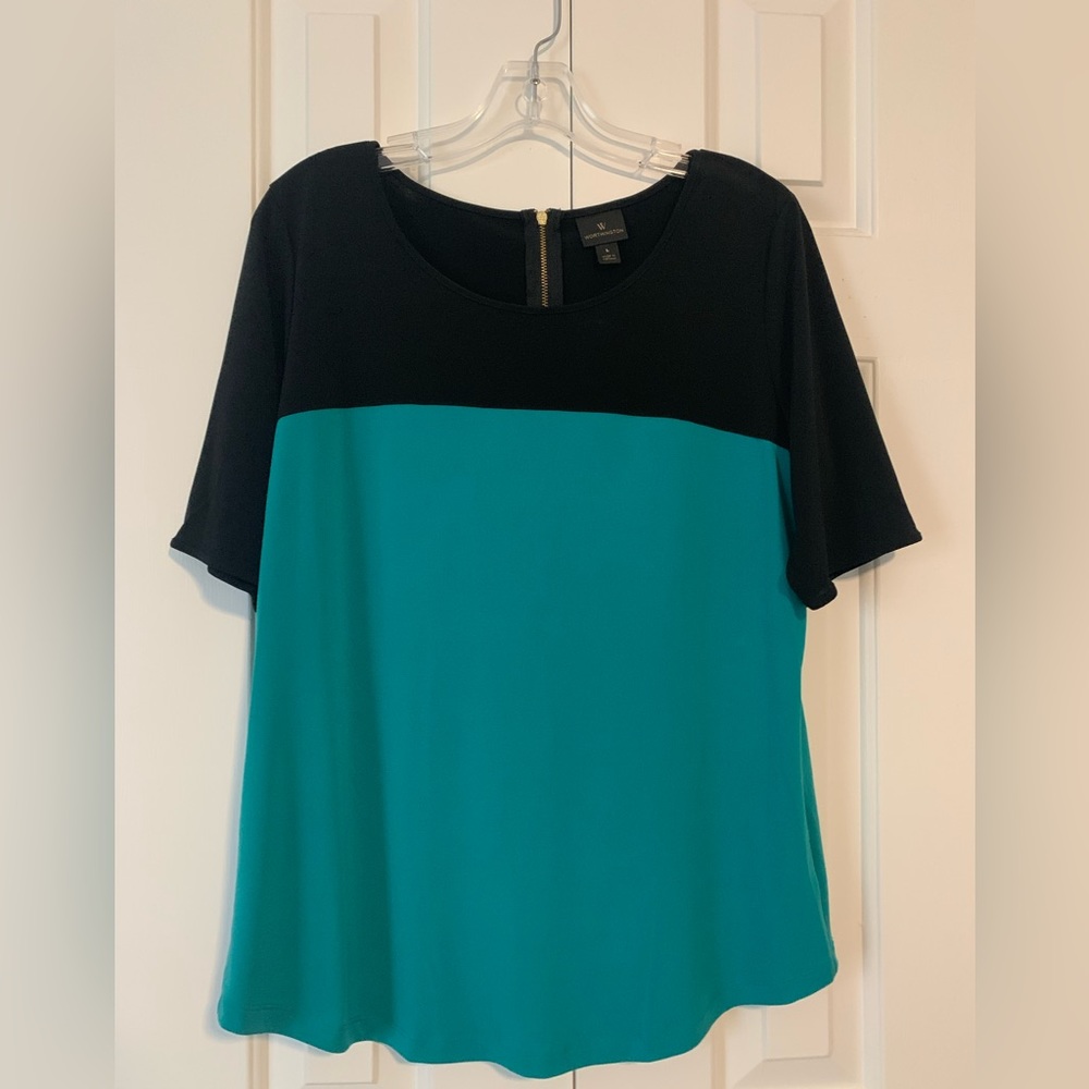 Worthington Color Block Top, Black & Teal - Size L